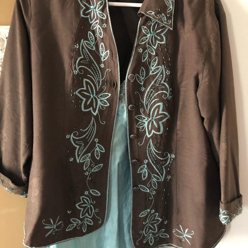 Brown silk jacket with intricate beading! Comes with a matching silk camisole.